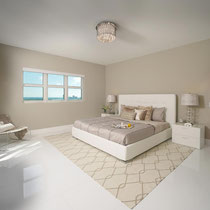 interior design project by Mia Home Trends featuring a staged modern bedroom with a white tufted leather bed and white lacquer dresser and nightstands
