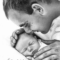 Portrait von Vater und Sohn mit Bleistift und eingearbeitetem Text