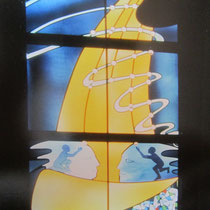 ...dieses Fenster heißt "Der schmale Weg". Der gelbe waagerechte Keil steht für Jesus, an dem man nicht vorbeikommt. Die Menschen gehen aufeinander zu und vor ihnen liegt der Weg aus Licht.