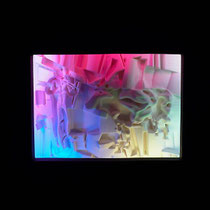 Racer Malevich Playing the Violin for a Cow — 3D-printed relief with variable LED lighting: the relief of the violin-playing figure and the cow is illuminated in pink, blue and yellow.