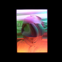 Racer Malevich Frontal — 3D-printed relief with variable LED lighting: the helmet relief shifts to green, blue and orange hues through changing light.