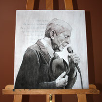 Leonard Cohen. 40x60 cm. Houtskool op hout. Verkocht (in opdracht).