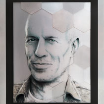 Arjen Robben, The man of steel and glass. 110 x 90 cm. Acryl op 3 plexiglasplaten met daaronder geborsteld aluminium. Gemaakt in opdracht van "Sterren op het doek" en gekozen door Arjen Robben.