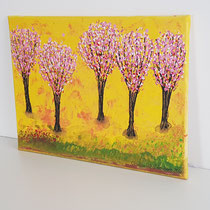 Wandbild blühende Obstbäume in den Farben Gelb, Rot, Rose, Perlweiß, Orange, Braun, Grün, Schwarz