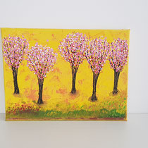 Acrylbild blühende Obstbäume in den Farben Gelb, Rot, Rose, Perlweiß, Orange, Braun, Grün
