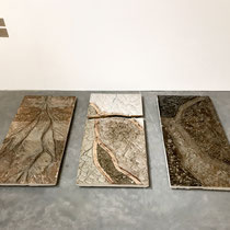 DELTA, Works of performance, 2020. Sandstone enamelled with ashes of Camargue plants, gold gilding. 57x117cm/u