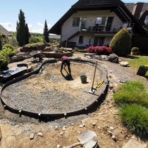 Teich ausheben, mit Folie auskleiden, Vorbereitung für Verlegung der Bodenabläufe, Rohre und Skimmer