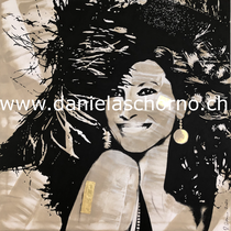 Bild von Daniela Schorno: lächelnd mit Hut im Wind 120 x 120