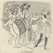 An empbarassed Athena covers her eyes before the revelers of the Quat'z'arts ball Lithograph by Willette