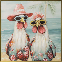 impresssion toile tableau peinture coq poule vacances lunettes soleil palmier fleur fantaisie originale marrante classe chic luxe promo soldes idee cadeau anniversaire mariage noel couple homme femme nouveauté moderne classique contemporain tendance desig