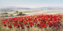peinture toile tableau peint a la main acylique coquelicot paysage champs nature decoration design moderne tendance classique contemporain panoranique