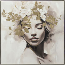 impression toile tableau decoration portrait femme feuille metalique fleur couronne douceur naturel nature noir et blanc creme idee cadeau noel anniversaire chambre salon appaisant promo petis prix luxe chic vintage soldes tendance moderne design contempo