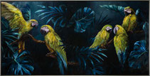 impression cadre caisse américaine perroquets perruches oiseaux voyage vert jaune bleu décoration murale intérieur moderne tendance classique actuelle idee cadeau noel paques anniversaire promo soldes