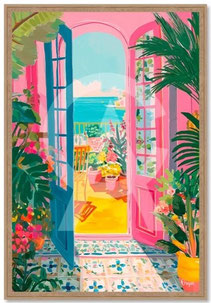 impression toile tableau peinture pvc interieur colore maison fentre ouverture sur mer vacances decoration moderne tendance design contemporaine retro idee cadeau anniversaire mariage noel paque fete palmier fleur naif mexique chic lux promo village