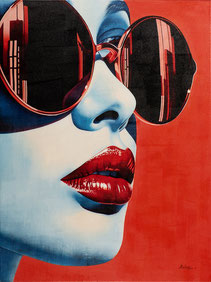 impression toile tableau peinture visage portrait rouge lunette soleil ronde rouge a levre idee cadeau decoration moderne tendance design popart contemporain anniversaire mariage emmenagement noel paque promo solde chic luxe 