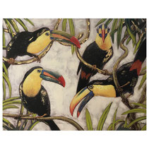 peinture acrylique toile tableau cackatoo family décoration intérieur toucan oiseaux exotique voyage couleur chaleur or