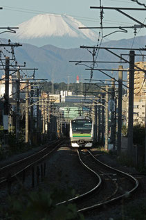 「ＪＲ横浜線から富士」＜全紙＞　昨年１１月のＪＲ横浜線鴨居～小机間。建物の影の合間を縫って来る通勤電車と富士のコラボです。