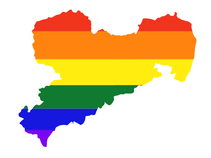 A picture that shows the outline of Sachsen. Inside it is striped in the colours of the pride flag.
