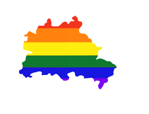 A picture that shows the outline of Berlin. Inside it is striped in the colours of the pride flag.