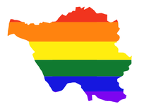 A picture that shows the outline of Saarland. Inside it is striped in the colours of the pride flag.