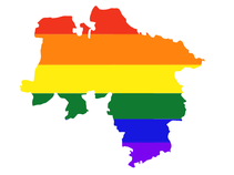 A picture that shows the outline of Niedersachsen. Inside it is striped in the colours of the pride flag.