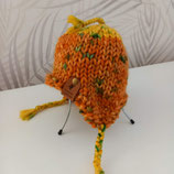 Bonnet bébé laine jaune et orange avec oreilles tricoté main