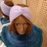 Bandeau croisé mauve en laine tricoté main