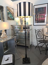 Tall Black Floor Lamp with Black & White Stripe Shade