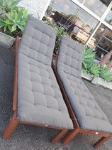 Pair "Ikea" Hardwood Adjustable Sun Loungers with Black Cushions