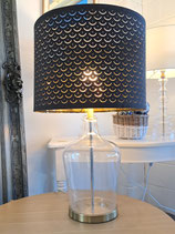 "One World" Large Glass Lamp with Brass Trim, Black Scallop Shade