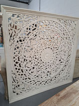 Indian Whitewashed Carved Timber Square Queen/King Size Bedhead