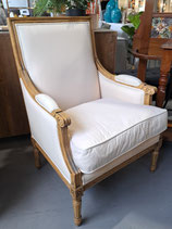 "Oka" Carved Oak Frame Linen Armchair - 2 Available