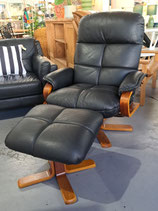 Vintage 70's "Tessa" Black Leather Swivel Recliner Armchair with Foot Rest