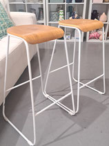 Pair Basic White Metal Timber Top Stools