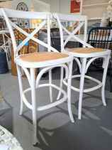 Pair White Cross Back Oak & Cane Stools