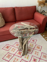 Table ronde en bois flotté, hauteur 69 cm et plateau en verre trempé, diamètre 50 cm