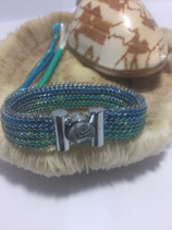 Kinder-Armband aus Edelstahl mit 3 verschieden Nylonbändern in Grün-Blau als Einlage und Unikatverschluss
