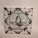 Ancien Carreau Carrelage Faience De Desvres 13cm Décor Bateau Manganèse