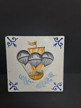 Ancien Carreau Carrelage Faience de Desvres Décor Montgolfière 13cm