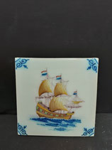 Ancien Carreau Carrelage numéro 22 Faience de Delft Décor Bateau Voilier Drapeau France 13cm