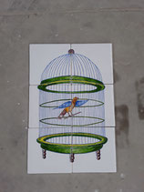 Fresque Faience de Desvres 6 Carreaux à poser Cage Oiseau  Hauteur 44cm Largeur 29,5 cm