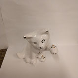 Chat à la patte levée Faience de Desvres Décor Rouen avec Oiseau Hauteur 13 cm