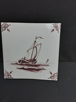 Ancien Carreau Carrelage Faience de Delft Décor Bateau Voilier Manganèse 13cm  numéro 19