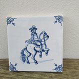 Ancien Carreau Carrelage Faience De Delft 13cm Cavalier Cheval Bleu et Blanc