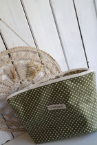 Necessaire gross olive mit weissen Punkten