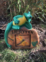 RIZW76 Frosch Gartenfigur mit Schild Willkommen