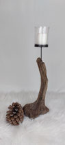 Treibholzwurzel mit Glas-Windlicht am Stab