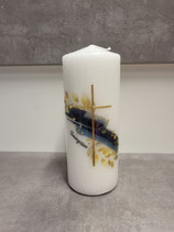 Trauerkerze 19x8cm Stumpen weiss blau gold Kreuz 5015 1043