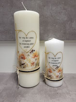 Trauerkerze Stumpen 19 cm weiß Blumen und Herz Gold 5015 1036