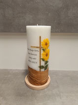 Trauerkerze Sonnenblume mit Teelichteinsatz 20x8 cm und Holzeinleger 5015 1018
